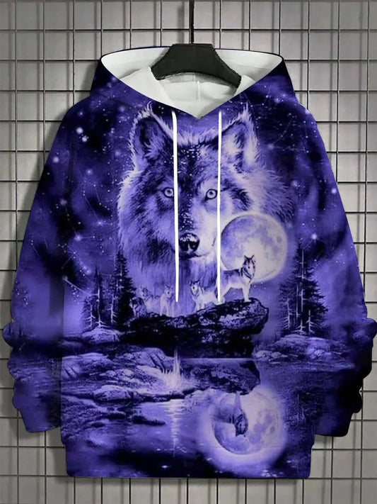 2025 Fashion Men's Autumn Wolf Printed Comfortable Soft Hooded Sports Shirt Outdoor City Street Top