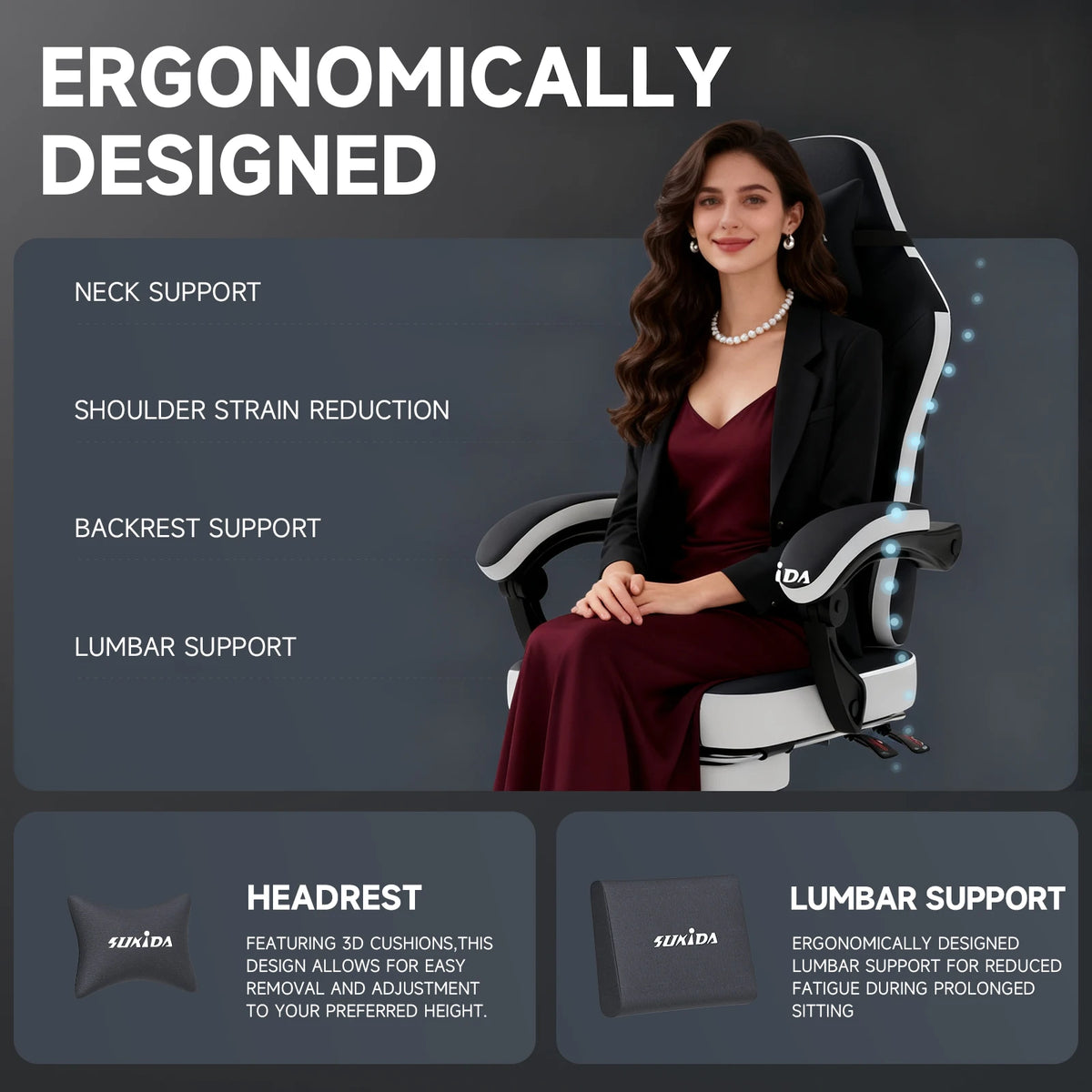 SUKIDA Gaming Chair Ergonomic Gamer Chair with Footrest, Adjustable Lumbar Support Pillow, Reclining Office Chair for Gaming & Work