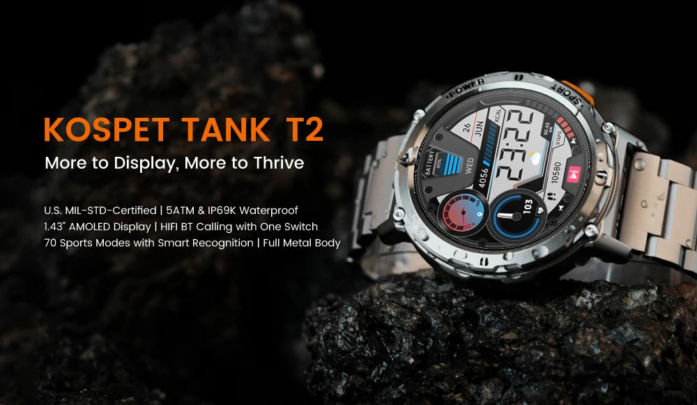 2025 Original KOSPET TANK T2 Smart Watches for Men Watches AMOLED AOD Smartwatch Bluetooth Call Electronic Men's Smart Watch