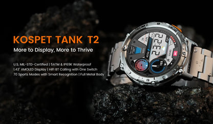 2025 Original KOSPET TANK T2 Smart Watches for Men Watches AMOLED AOD Smartwatch Bluetooth Call Electronic Men's Smart Watch