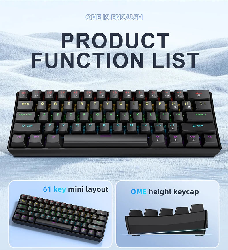 APAYADO K61 60% mini drátová herní mechanická klávesnice Phantom RGB, 61 kláves, červené/modré spínače, ergonomická, přenosná pro PC/notebook