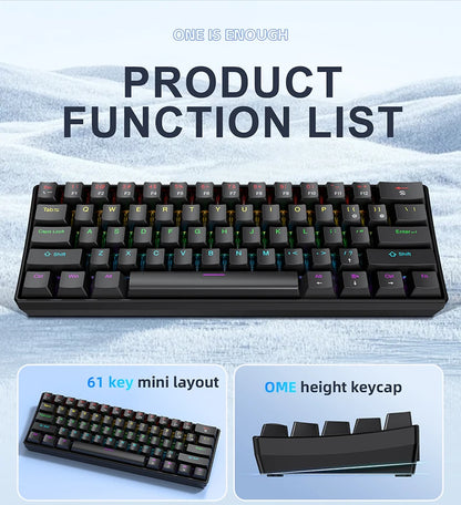 APAYADO K61 60% mini drátová herní mechanická klávesnice Phantom RGB, 61 kláves, červené/modré spínače, ergonomická, přenosná pro PC/notebook