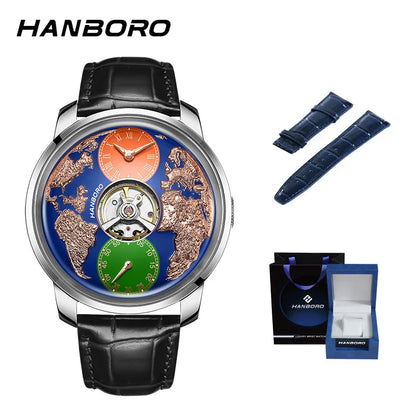 HANBORO World Time Series Men's Fully Automatic Mechanical Watch with Hollow Flywheel World Earth Personality Watch 1026