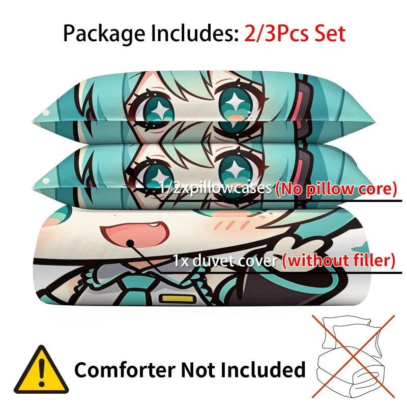 Conjunto de capa de edredão estilo chibi Hatsune Miku, roupa de cama anime adorável com fronhas, decoração para quarto gaming de adolescentes e crianças, presente para fãs