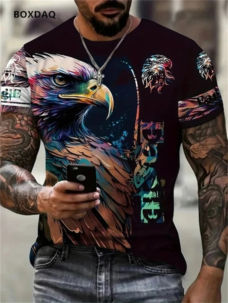 Pánské tričko Fashion Eagle, volný střih, kulatý výstřih, ležérní top s krátkým rukávem, 3D zvířecí potisk, street tričko, velká velikost 6XL, prodyšné tričko