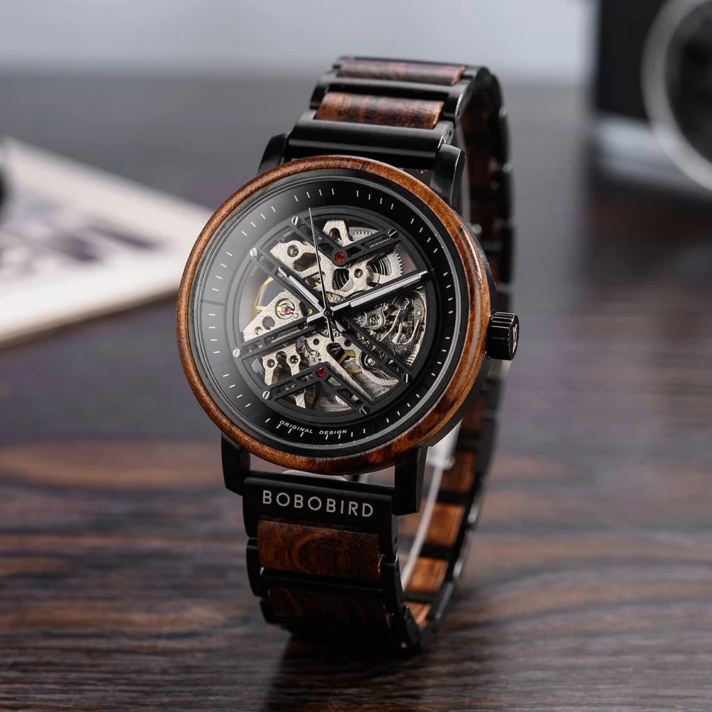 Automatic Mechanical Watch BOBO BIRD New Top Business Men Wooden Wristwatch Unique Custom Engraved Watches Christmas Gift Box