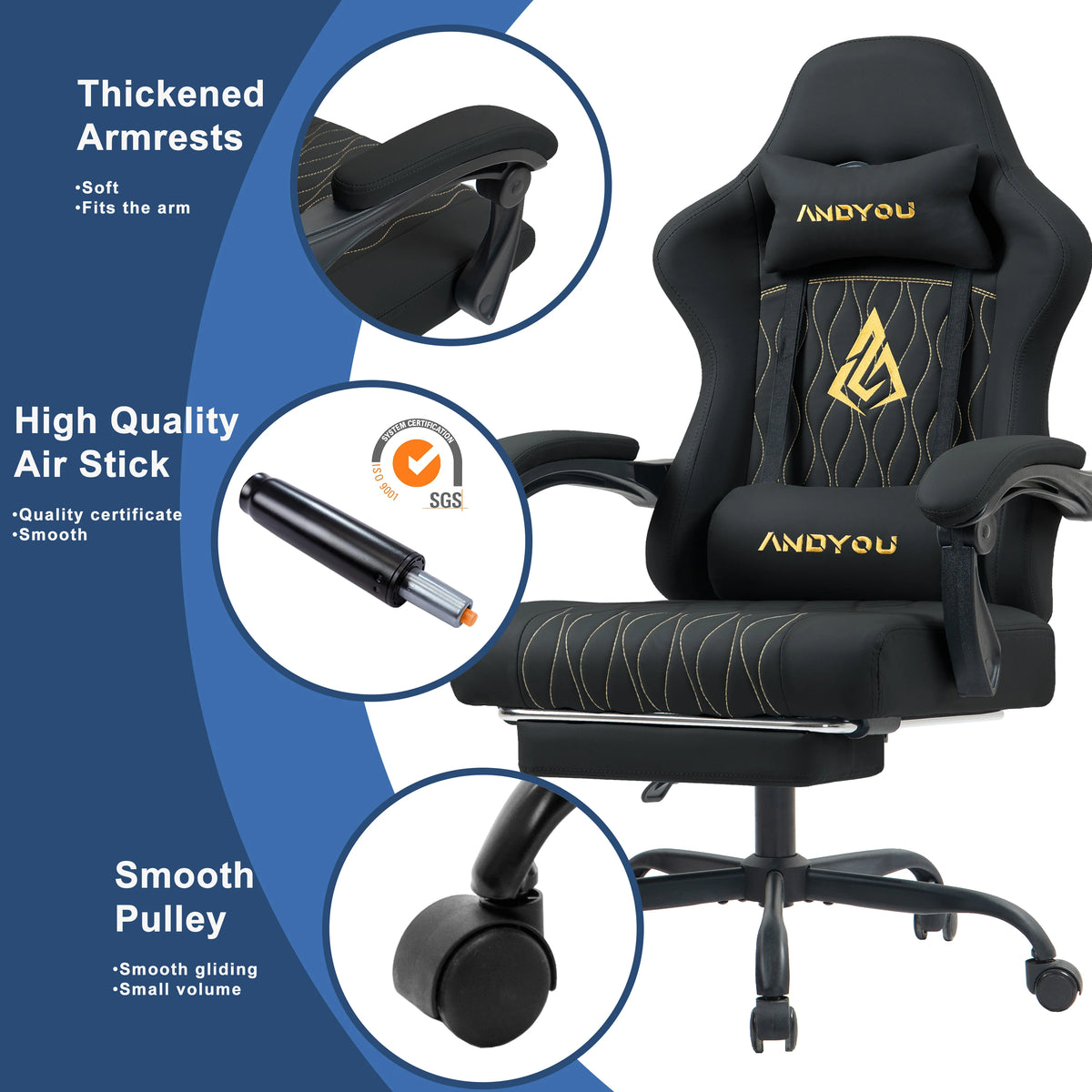 Andyou Ergonomic Gaming Chair with Reclining PU Leather Seat, Swivel Computer Gaming Chair with Adjustable Height, Lumbar Support & Footrest Design