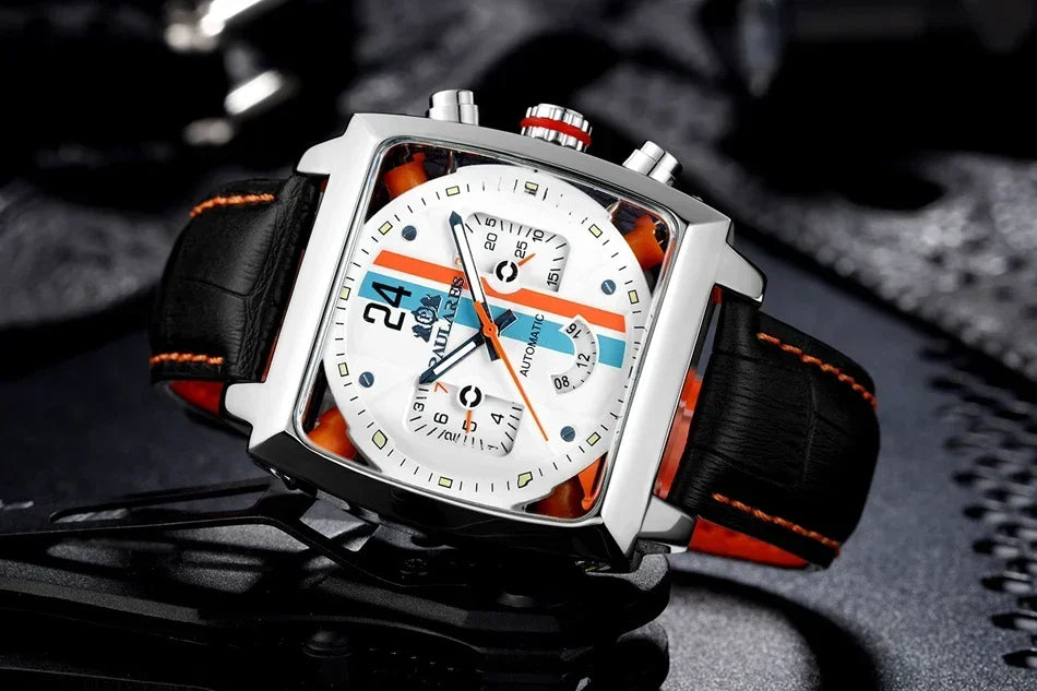 Automatic Watches for Men Mechanical Genuine Leather Stainless Steel Black Orange Blue Casual 40mm Perspective See Through Watch