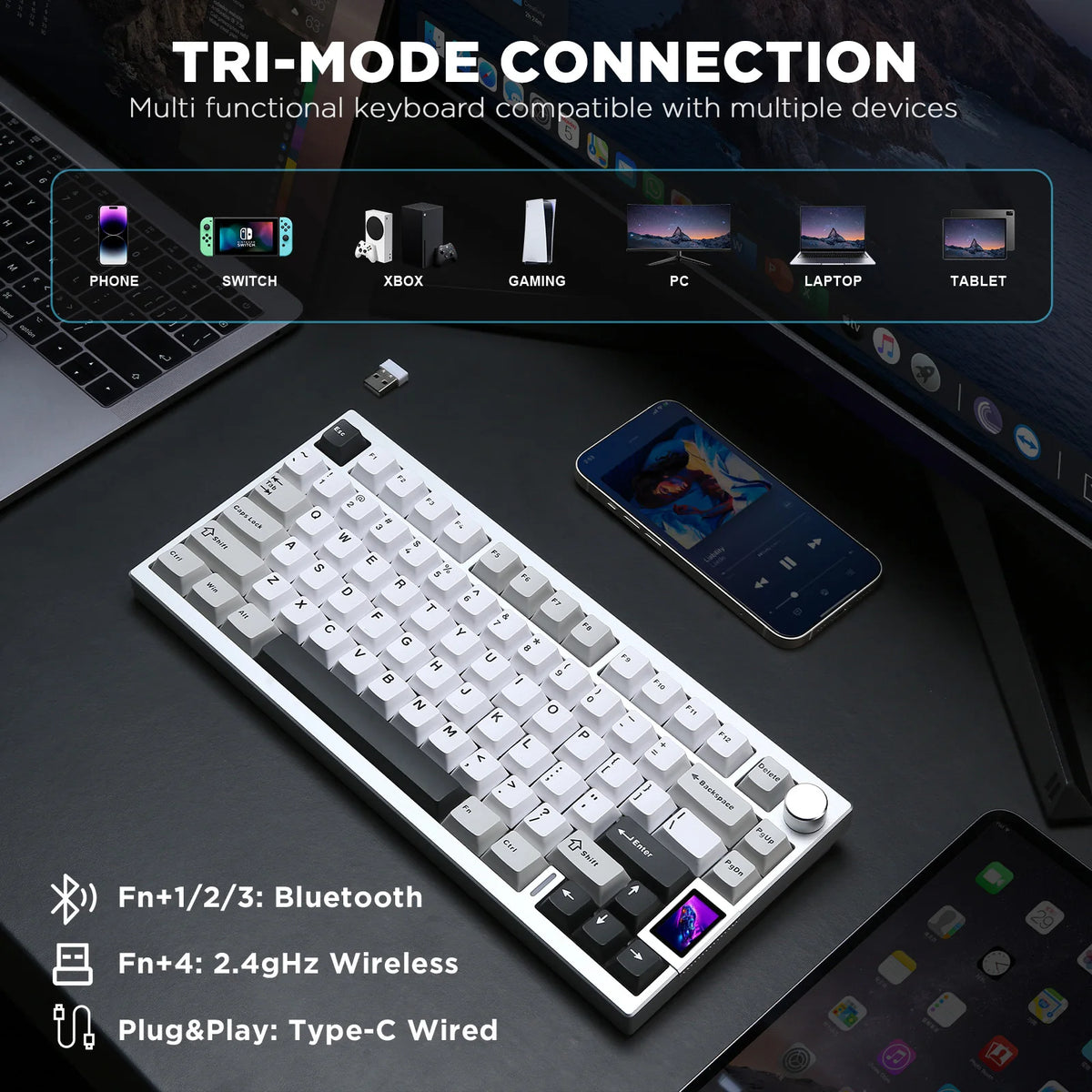 YUNZII AL80 Silver Wireless Mechanical Keyboard, Full Aluminum CNC Custom QMK/VIA Gaming Keyboard, LCD Display Hot Swap Keyboard