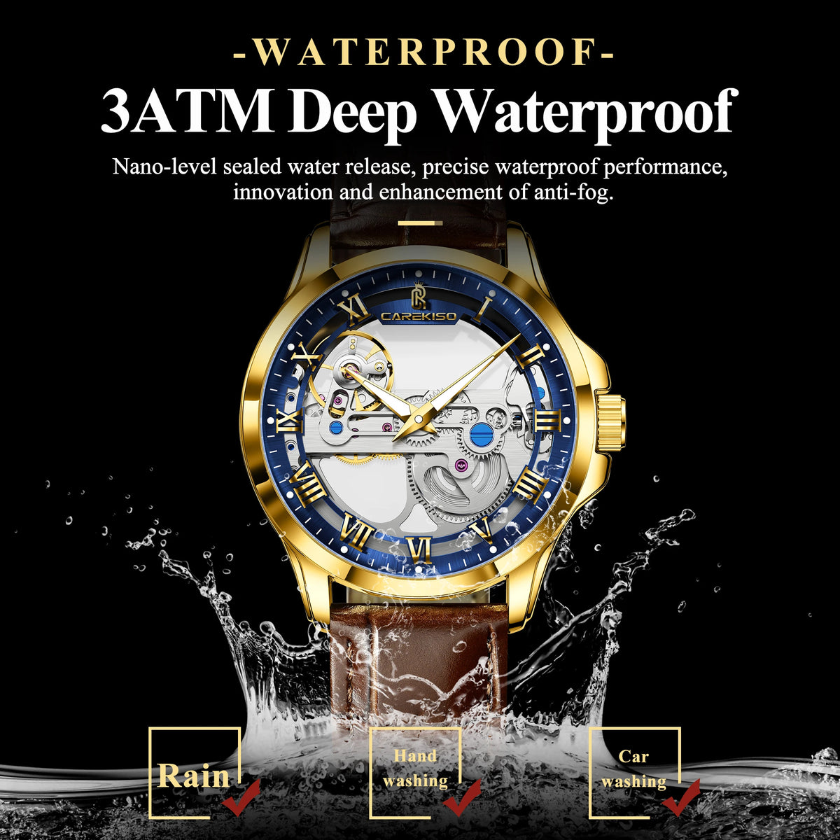 CAREKISO Fashion Men's Watches Original Mechanical Leather Men Clock Waterproof Hollow Tourbillon Automatic Man Watch Reloj Male