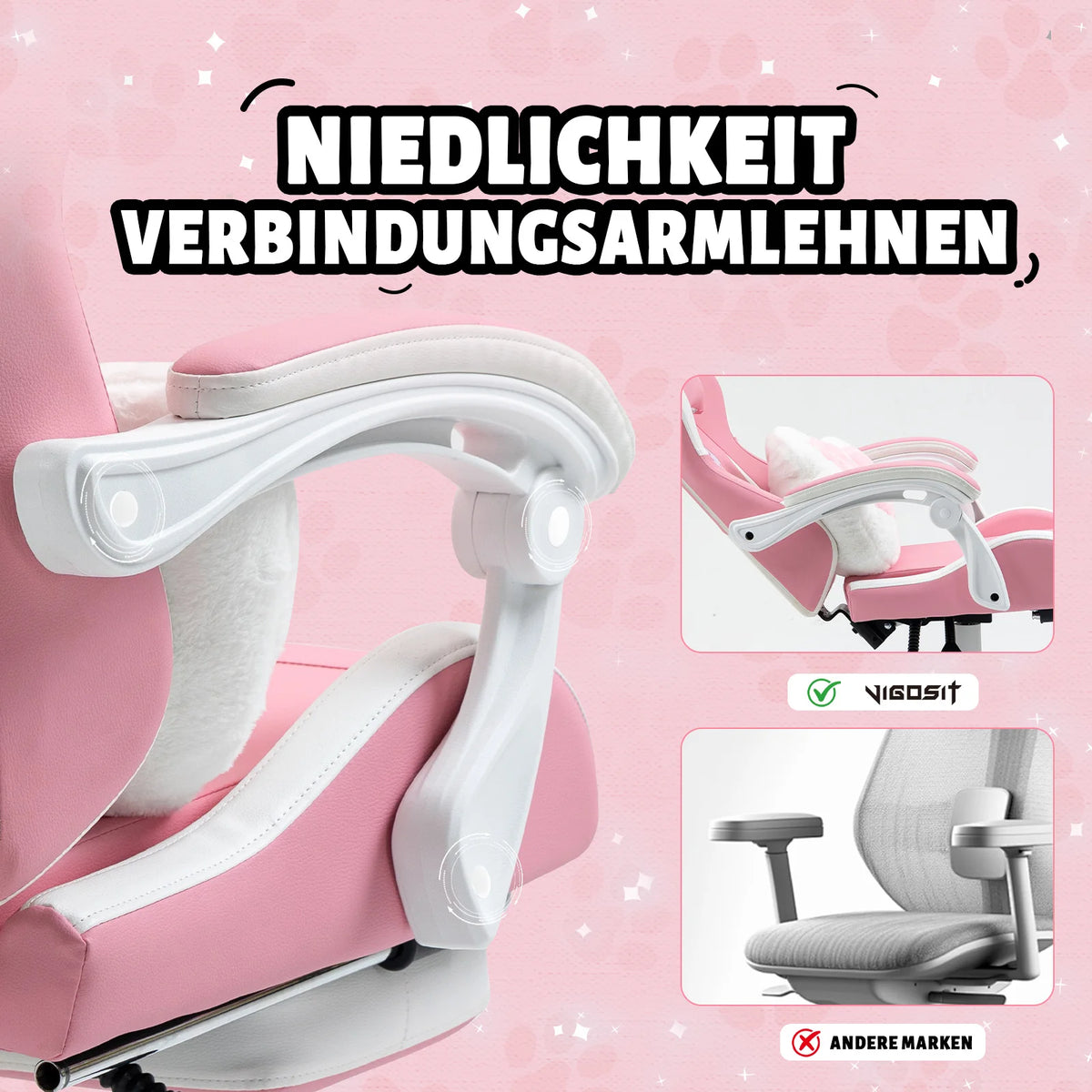 VIGOSIT Gaming Chair with Cute Cat Ears, Ergonomic Computer Gaming Chair for Girls, Kawaii Pillow, Lumbar Support, Adjustable Reclining Gamer Chair