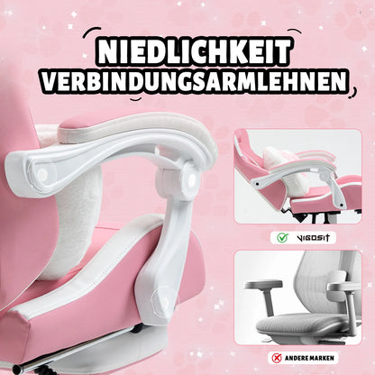 VIGOSIT Gaming Chair with Cute Cat Ears, Ergonomic Computer Gaming Chair for Girls, Kawaii Pillow, Lumbar Support, Adjustable Reclining Gamer Chair