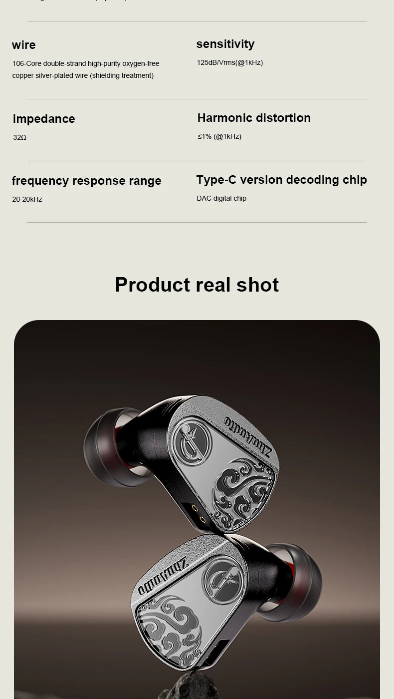 Zhulinniao JingHong Z3 HiFi Earphones Dual Dynamic Driver In-Ear Headphones, High-Fidelity Metal Music Monitor Earbuds with Wired & Bluetooth Audio