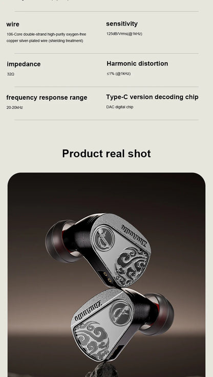 Zhulinniao JingHong Z3 HiFi Earphones Dual Dynamic Driver In-Ear Headphones, High-Fidelity Metal Music Monitor Earbuds with Wired & Bluetooth Audio