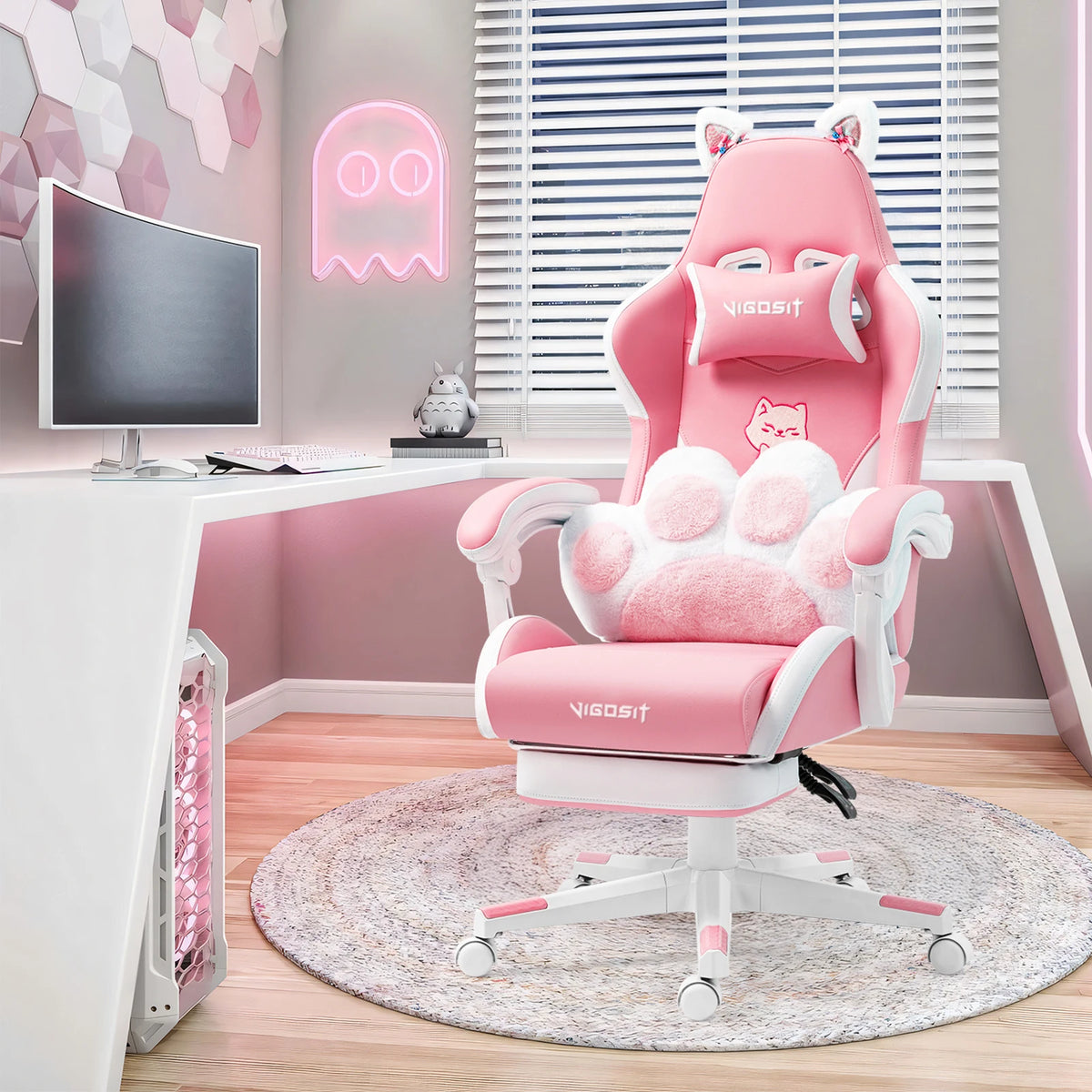 VIGOSIT Gaming Chair with Cute Cat Ears, Ergonomic Computer Gaming Chair for Girls, Kawaii Pillow, Lumbar Support, Adjustable Reclining Gamer Chair