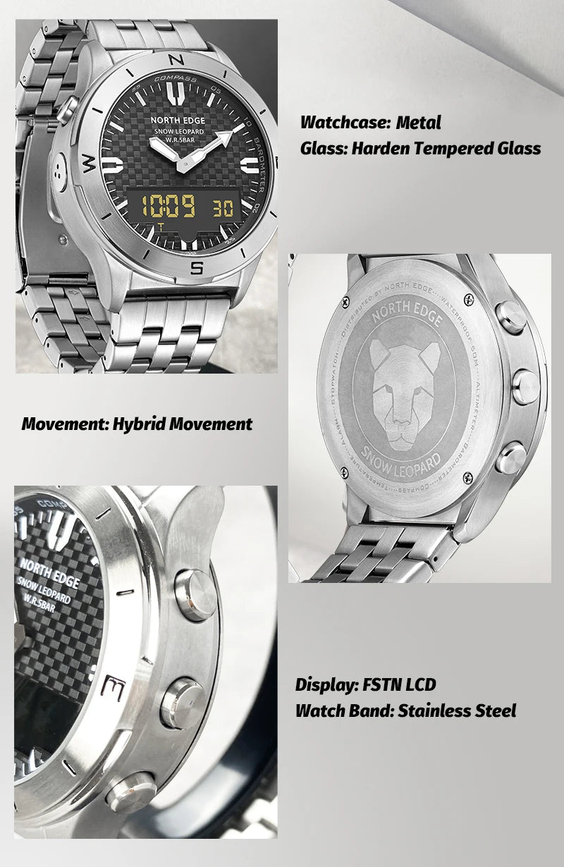NORTH EDGE Men's Sports Digital Watches Business Luxury Watch For Men Waterproof 50M Altimeter Barometer Compass Luminous Clock