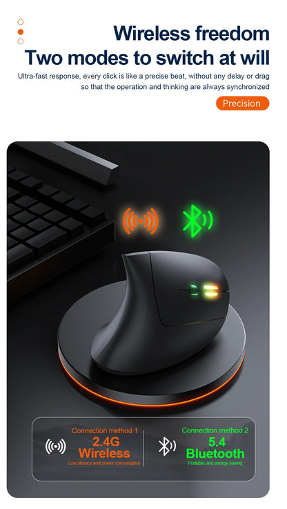 Mouse verticale wireless Bluetooth 2.4G ricaricabile ergonomico 1600DPI regolabile da gaming 6 pulsanti per laptop PC computer