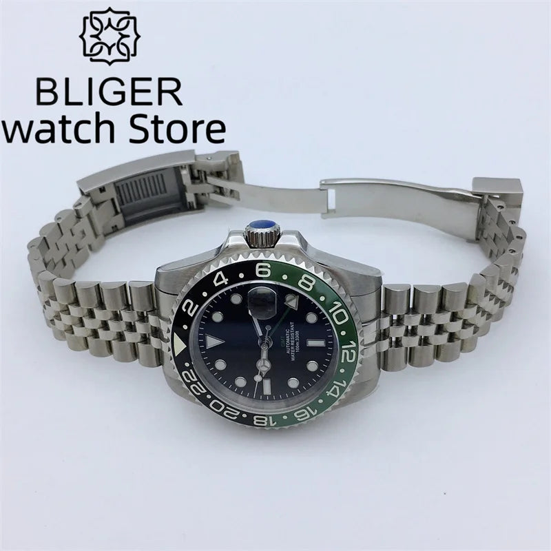 BLIGER 40mm NH34 GMT Watch For Men Mechanical Wristwatch Luminous Bezel Sapphire Glass Stainless Steel Bracelet Reloj Hombre