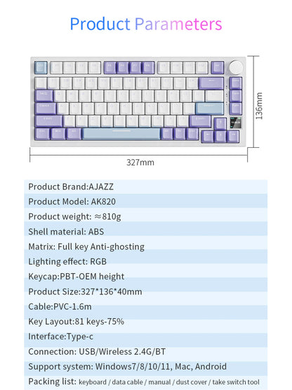 Ajazz AK820/AK820Pro Gaming Mechanical Keyboard Bluetooth 5.1/Wireless/wired  Custom Keyboard With Heat Exchange Sealed Button
