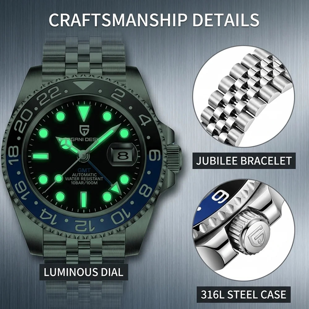 PAGANI DESIGN Men Automatic Watches Sapphire Glass 40mm Ceramic GMT Mechanical Wristwatch Top Brand Sports Waterproof Men Watch