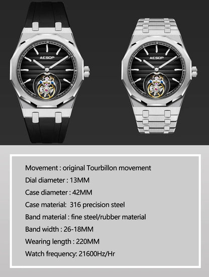 Raymondoya Men Flying Tourbillon Movement Mechanical Automatic Luxury Watches Wristwatches Skeleton Watch Brand For Man Sapphire