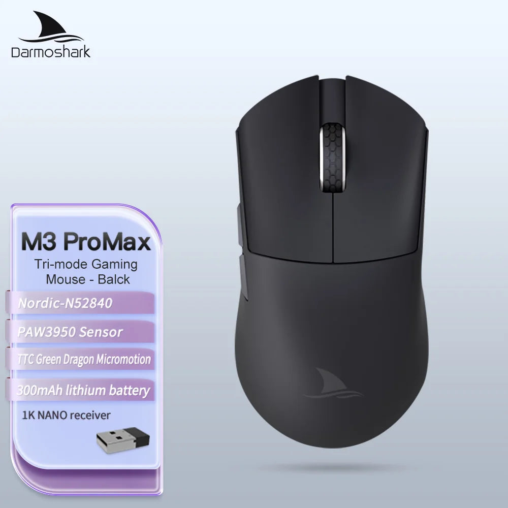 Ratón gaming Darmoshark M3Pro 2.4G BT inalámbrico trimodo con sensor PAW3395 N52840, 26000DPI, para manos grandes, controlador macro para gaming