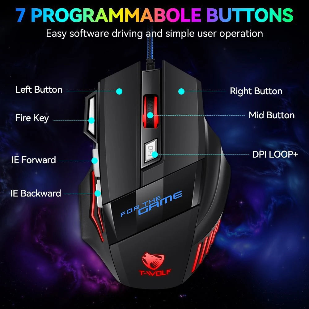 KEBIDUMEI Wired Gaming Mouse RGB Backlit 7 Button Ergonomic USB Mouse 2400 DPI Adjustable DPI Optical Mouse for PC Laptop