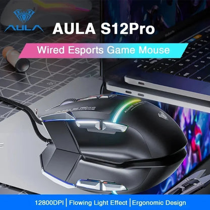 Ratón mecánico con cable AULA S12Pro 1000HZ 12800DPI RGB de baja latencia con macros configurables para esports, accesorios gaming para PC