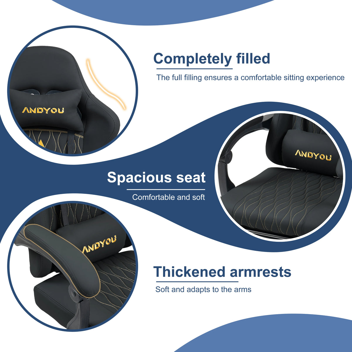 Andyou Ergonomic Gaming Chair with Reclining PU Leather Seat, Swivel Computer Gaming Chair with Adjustable Height, Lumbar Support & Footrest Design