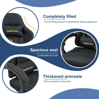 Andyou Ergonomic Gaming Chair with Reclining PU Leather Seat, Swivel Computer Gaming Chair with Adjustable Height, Lumbar Support & Footrest Design