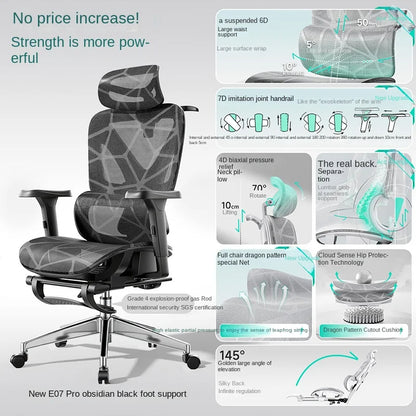 New E07 Pro Ergonomic Chair Sedentary Comfort Office Chair Home Study Gaming Chair Backrest Adjustable Seat with Footrest