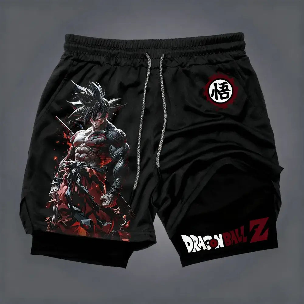 Produit gaming premium Fraquane, Dragon Ball Men's Double-layer Shorts Son Goku Summer Japanese Anime Fake Two-piece Sports Fitness Quick-drying Shorts, équipement gamer