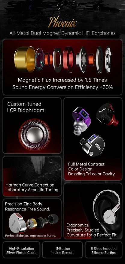 CCA Phoenix HiFi Earphones Dynamic Drive LCP Diaphragm Earphones Noise Cancelling Replaceable 2PIN Cable Gaming Wired Earphone