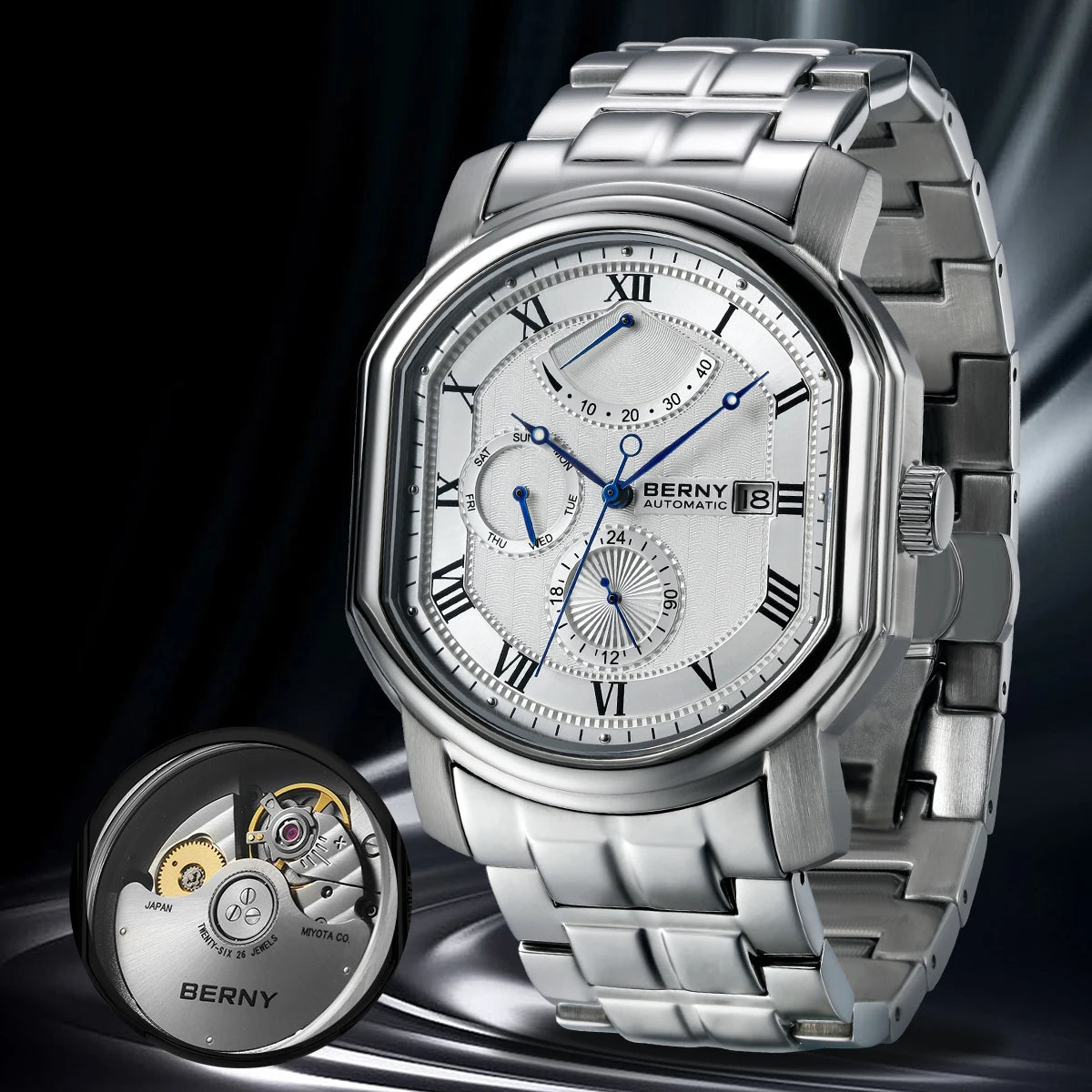 BERNY Men Mechanical Watch Top Accuracy Move Automatic Wristwatch Luxury Male Clock Sapphire Self-Winding Men's Watch Waterproof