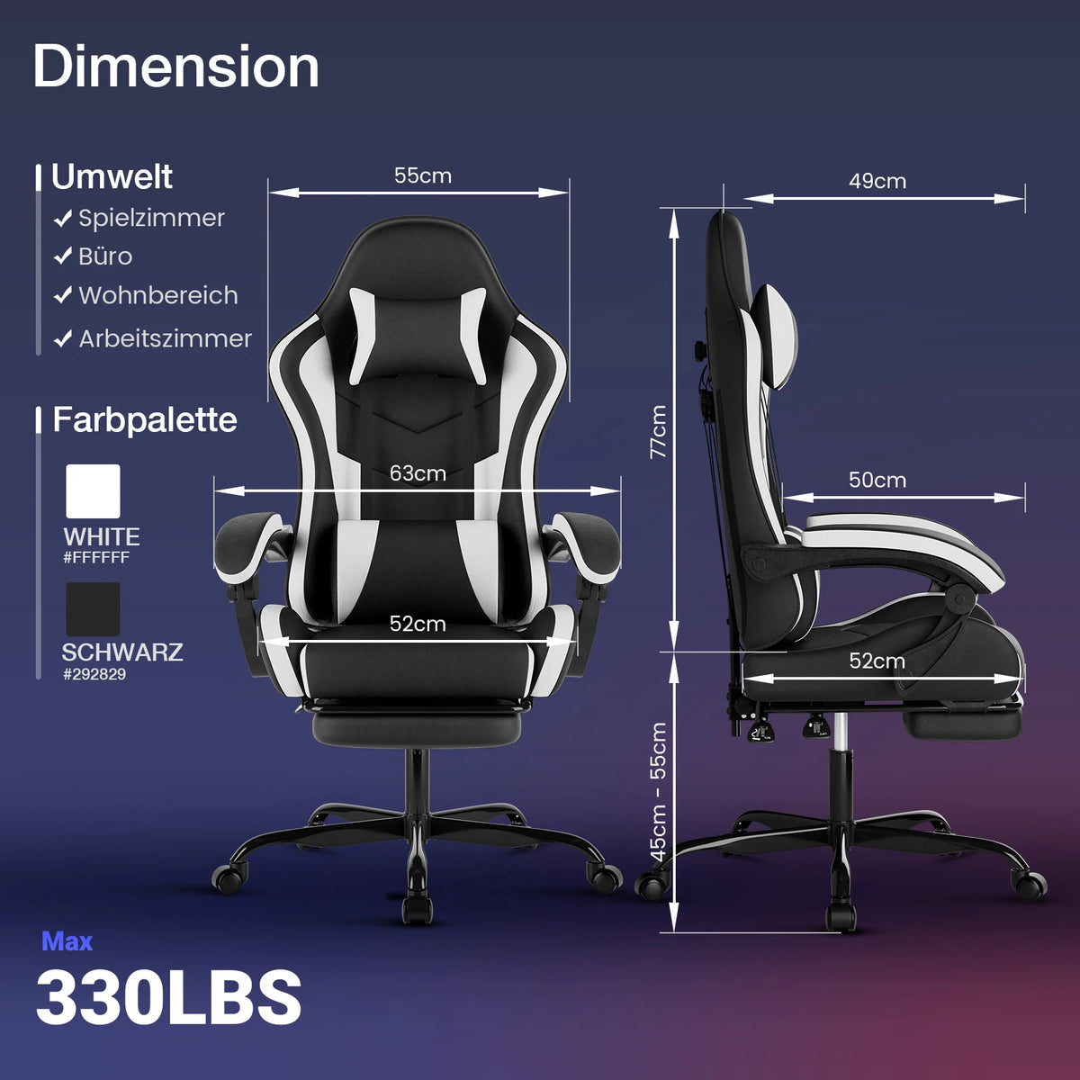 WOTSTA Gaming Chair with Footrest Ergonomic Gamer Chair, Adjustable Lumbar Support, Headrest, Reclining Computer Chair for Gaming & Office