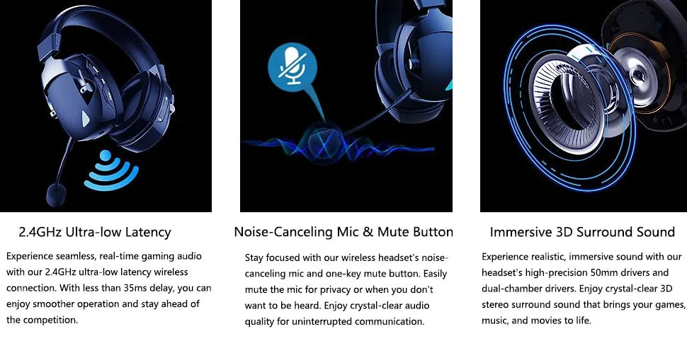 Auriculares gaming inalámbricos Acinaci 2.4GHz para PS5 PS4 PC Switch – Auriculares gaming Bluetooth con micrófono, graves profundos y almohadillas de espuma viscoelástica