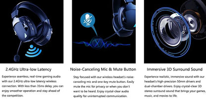 Auriculares gaming inalámbricos Acinaci 2.4GHz para PS5 PS4 PC Switch – Auriculares gaming Bluetooth con micrófono, graves profundos y almohadillas de espuma viscoelástica