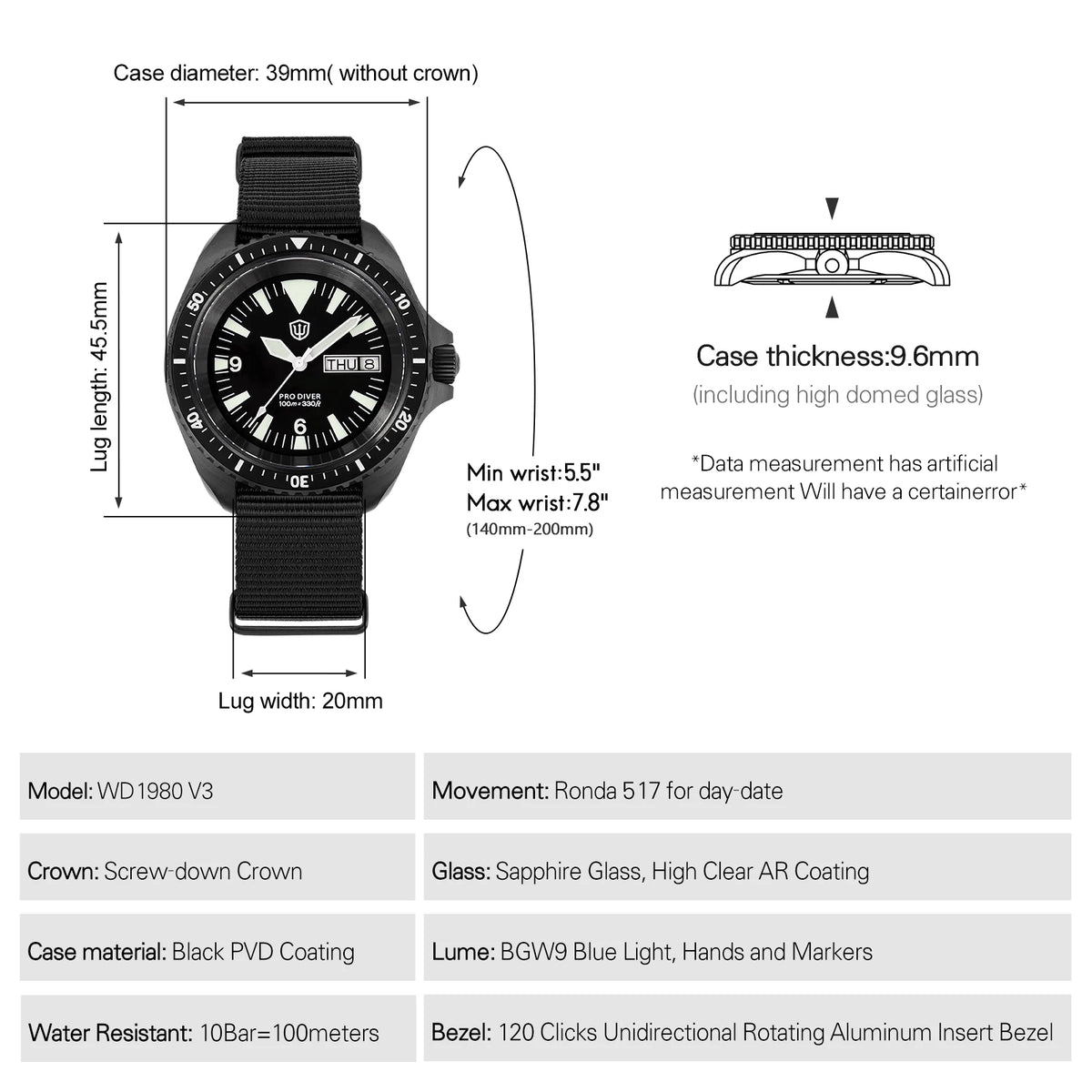 Watchdives WD1980 V3 38mm Men Watch Vintage VH31 Ronda 515 Sweep Seconds Quartz Movement Watches Luminous Sapphire Wristwatch