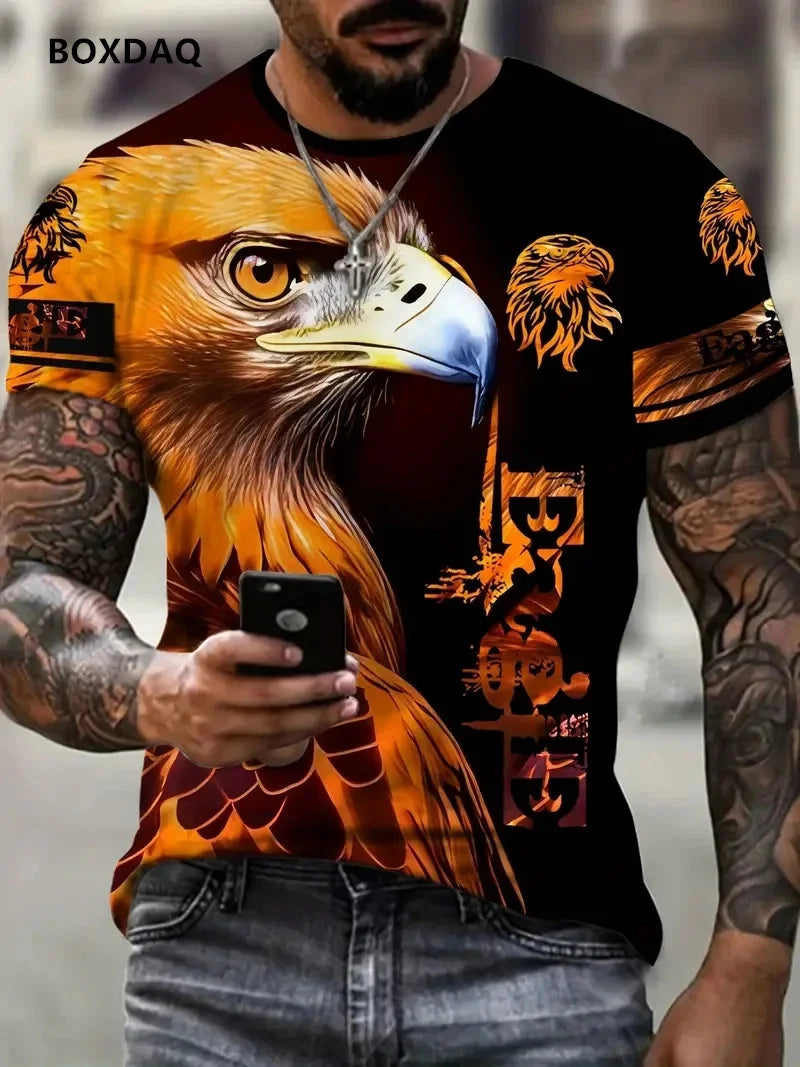 Pánské tričko Fashion Eagle, volný střih, kulatý výstřih, ležérní top s krátkým rukávem, 3D zvířecí potisk, street tričko, velká velikost 6XL, prodyšné tričko