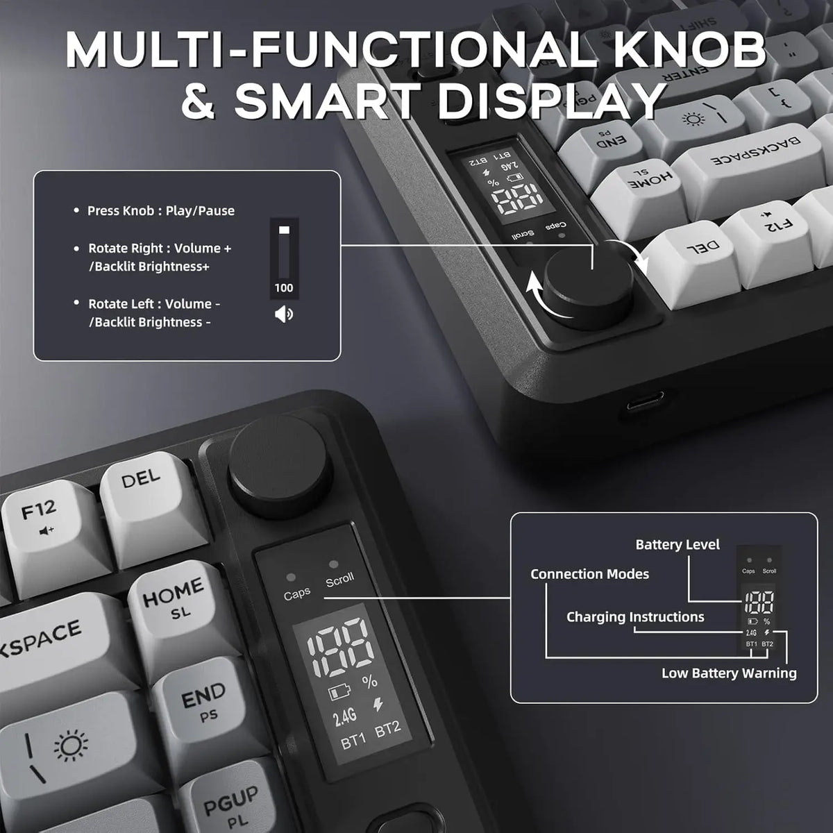 ATTACK SHARK M75 Wireless Membrane Gaming Keyboard with OLED Display, Bluetooth & 2.4GHz Tri-Mode, RGB Backlit PBT Keycaps, Multifunction Knob