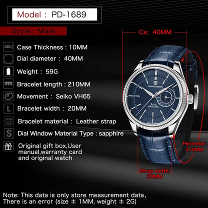 PAGANI Design PD1689 Men Quartz Watch Japan VH65 Movt Sapphire Glass Leather Strap 20Bar Waterproof Men Wristwatch Reloj Hombre