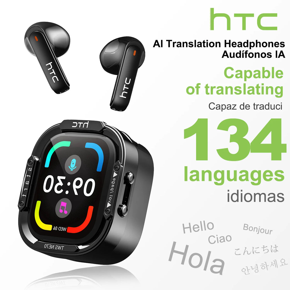 HTC NE70 Bluetooth 5.3 TWS Earbuds Touch Screen AI Translator Gaming Earphones with Noise Reduction, Deep Bass Wireless In-Ear Headphones