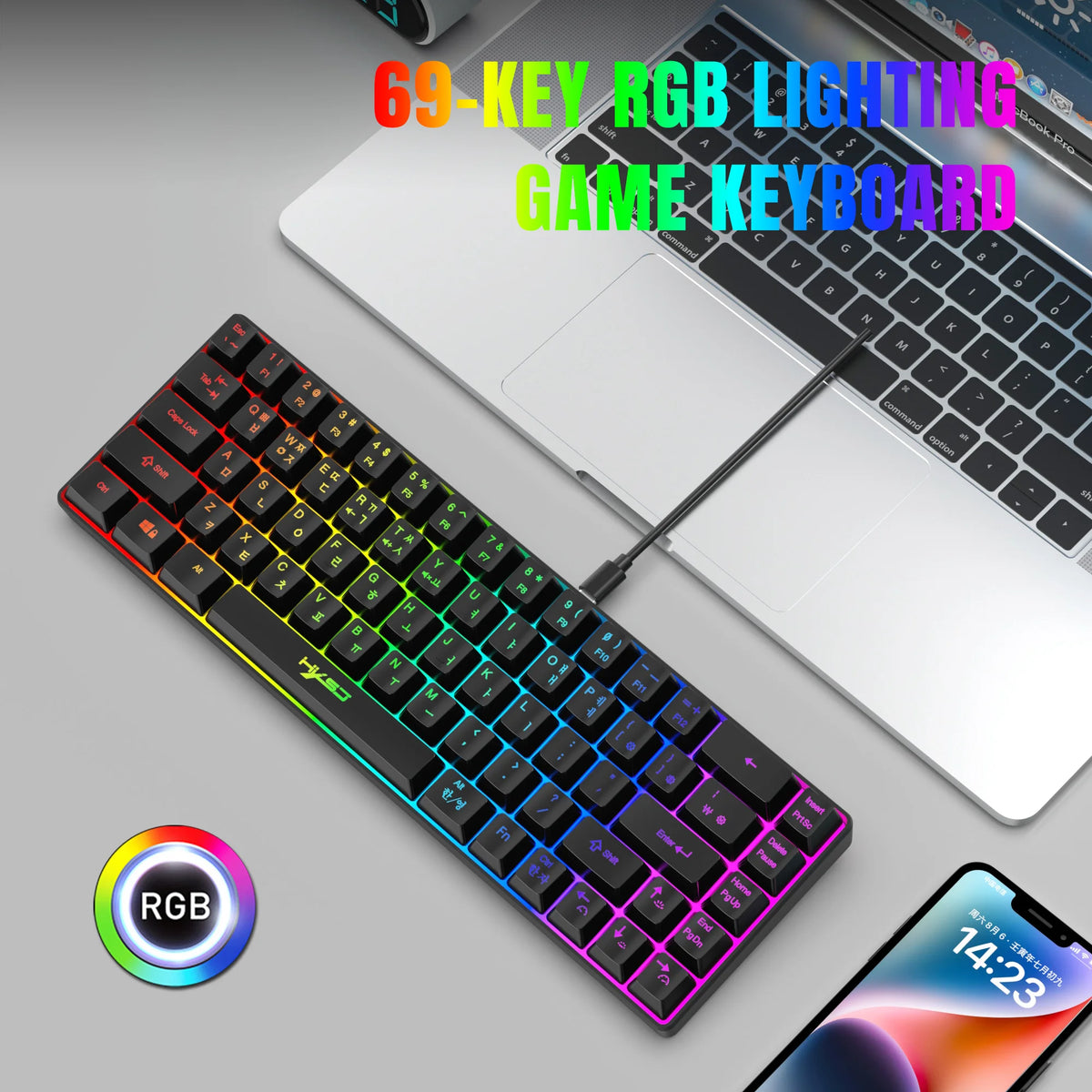 Tastiera gaming 68 tasti USB cablata portatile con retroilluminazione RGB 20, layout coreano, per laptop e computer Windows