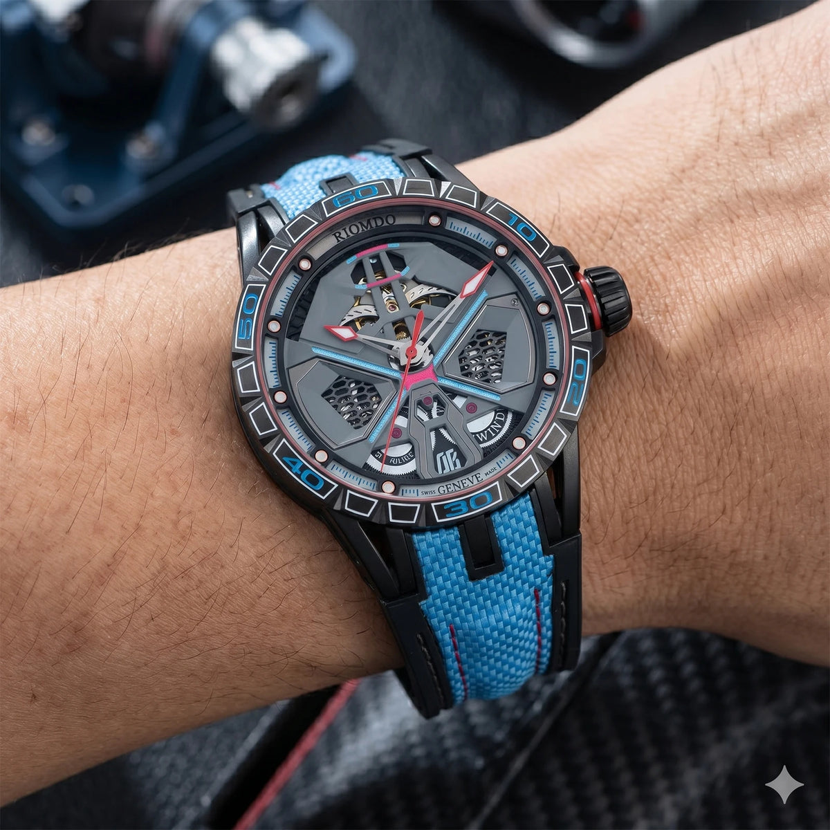 OBLVLO Mens Luxury Machinery Skeleton Mechanical Automatic Watches Analog Big Dial Blue Rubber Band Military Watch RD-909
