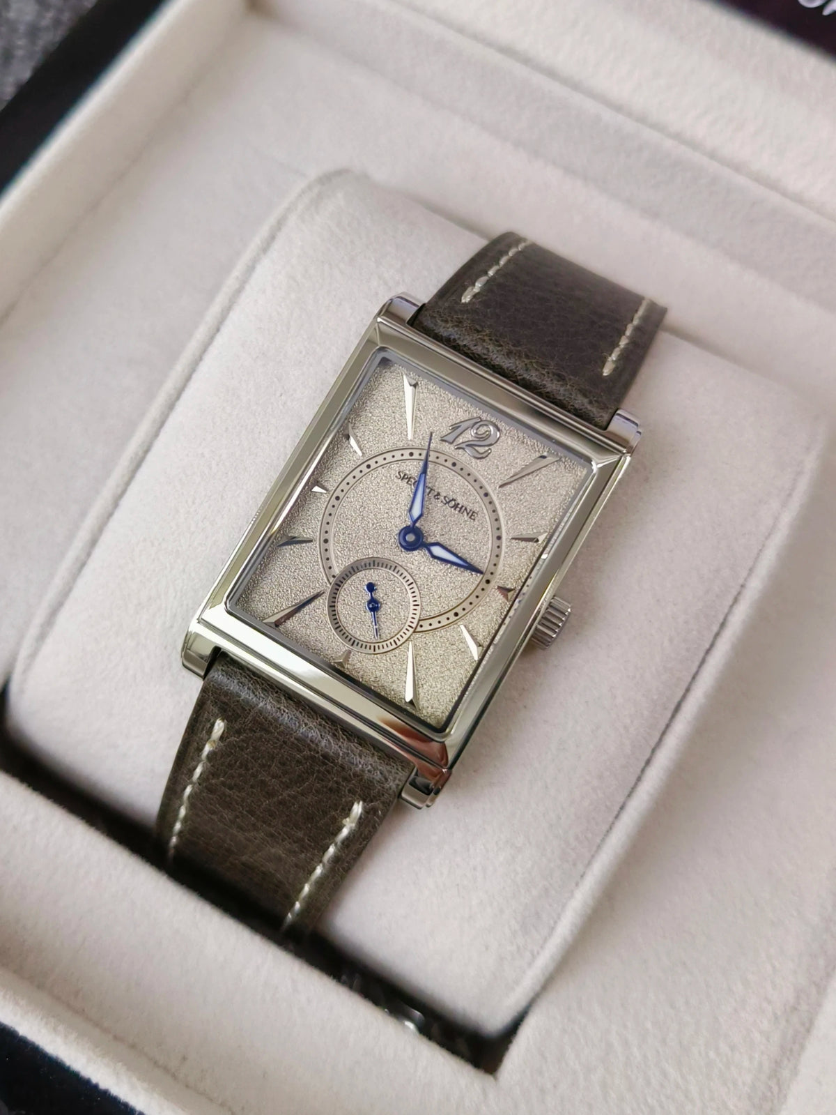 2026 Specht&Söhne Ultra Thin 7.5mm Rectangular Watch Japan Quartz Movt Small Seconds Sandblasted Dial Grey Leather Strap Watch
