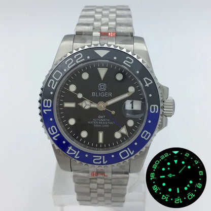 BLIGER 40mm NH34 GMT Watch For Men Mechanical Wristwatch Luminous Bezel Sapphire Glass Stainless Steel Bracelet Reloj Hombre