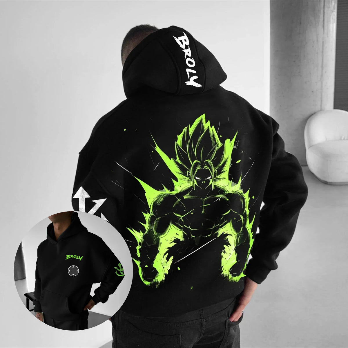 Retro fitness mikina s kapucí Dragon Ball podzim/zima 2026, 100% bavlna, potisk Broly, oversized streetwear pro muže, ženy, dospělé a děti