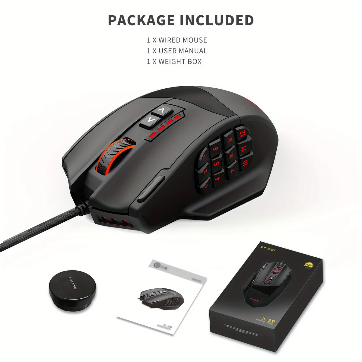 Mouse gaming programmabile E-YOOSO X-39, mouse RGB cablato con 18 pulsanti, 8 pesi removibili, 5 DPI, impugnatura ergonomica per computer