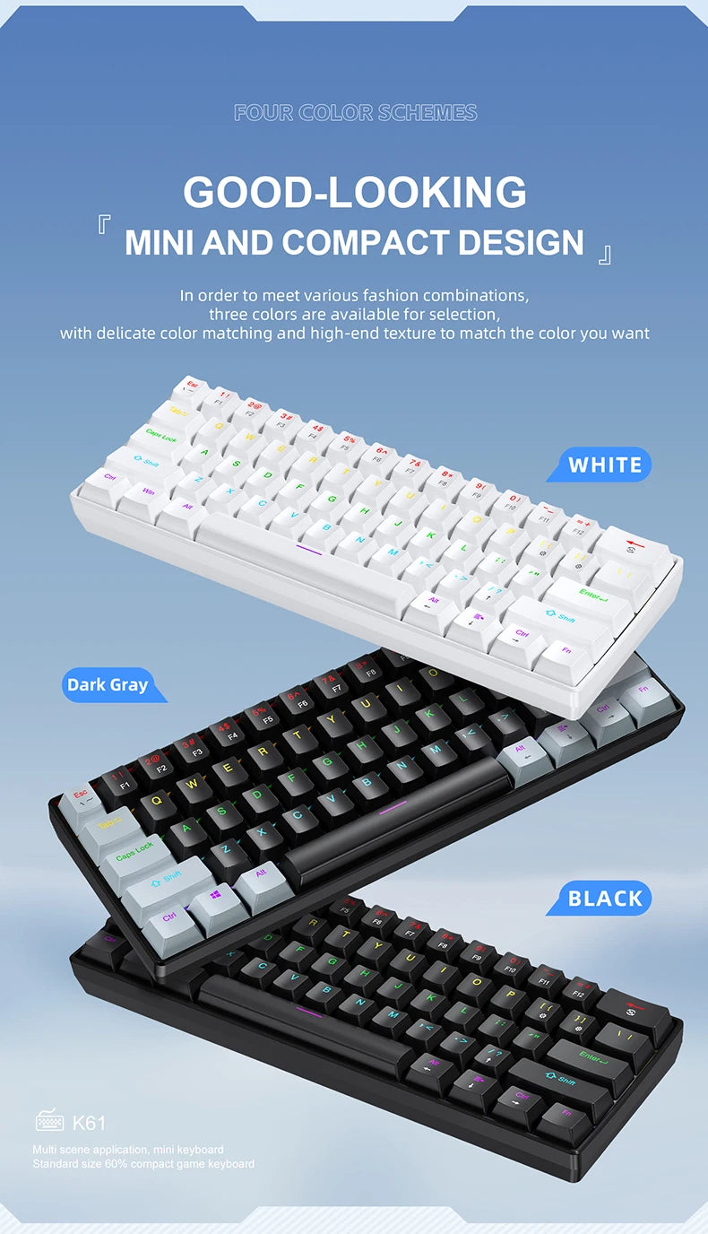 APAYADO K61 60% mini drátová herní mechanická klávesnice Phantom RGB, 61 kláves, červené/modré spínače, ergonomická, přenosná pro PC/notebook