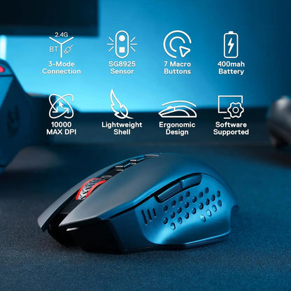 Redragon M656 MAX 3-Mode Wireless Gaming Mouse, 10000 DPI Rechargeable RGB Gaming Mouse with 7 Programmable Buttons, Bluetooth, 2.4GHz & Wired Connectivity